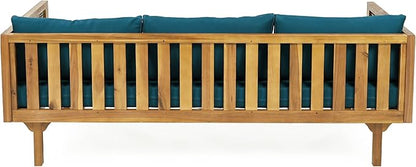 Merax 67.5" Outdoor Patio Daybed 3 Seater Sofa Bed,Acacia Wood Frame with Rattan Arm,Cushion & Pillow for Courtyard