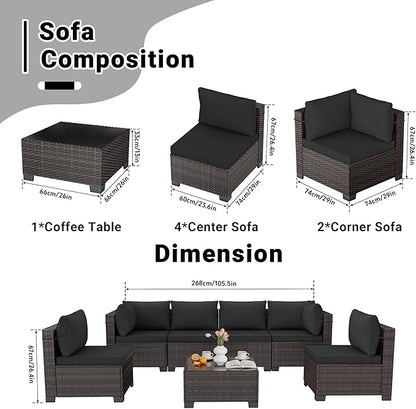 LEVELEVE 7 Pieces Outdoor Patio Furniture Sets,Rattan Conversation Sectional Set,Manual Weaving Wicker Patio Sofa with Tea Table(Black 7pcs)