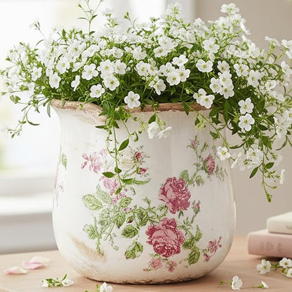 Shabby Chic Flower Pot, 6.11 Inch Ceramic Planter with Drainage for Indoor Plants, Vintage Ceramic Vase, Country Chic Spring Garden Home Decor, Pink Rose Floral