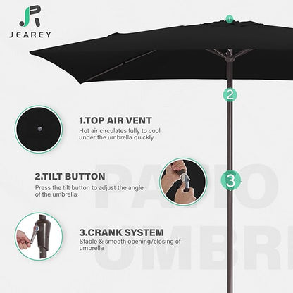 JEAREY 6.5x10 ft Rectangular Patio Umbrellas Rectangle Outdoor Umbrella with Push Button Tilt and Crank, Market Table Umbrella 6 Sturdy Ribs UV Protection for Poolside Garden Backyard Deck, Black
