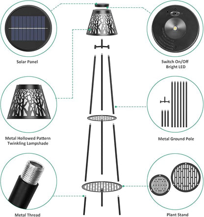 2 Pack 45.5'' Outdoor Floor Lamps with 2 Tier Plant Stand, Solar Powered Metal Waterproof Lights for Patio Deck Yard Garden Porch Decor