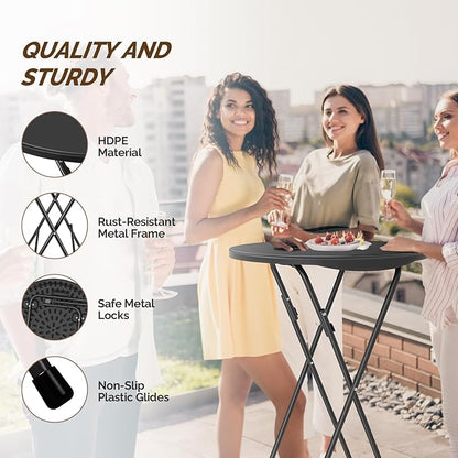 VINGLI 24" Plastic Folding Round Table Bar Height, HDPE Matrial with Gray Metal Finish, High Top Table for Outdoor Party, Cafes, Restaurants, Backyard, Dining Room, Wedding Event,1 Pack, Black
