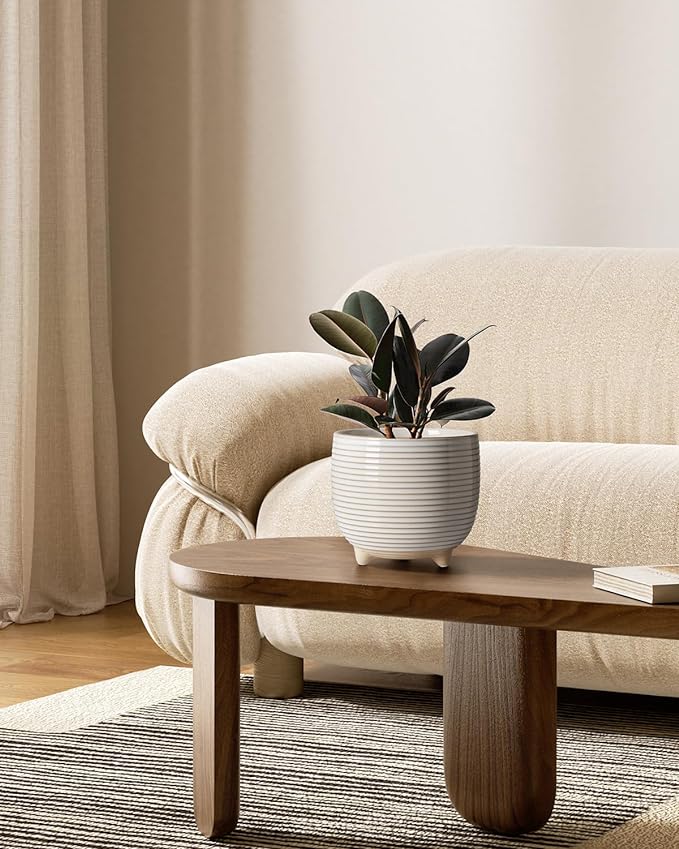 LE TAUCI Ceramic Plant Pots, 5.1 + 6.4 Inch Footed Pots for Plants, Modern Flower Pots for Home and Office, Indoor Planters with Drainage, Reactive Glaze White