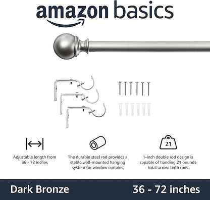 Amazon Basics Sturdy Adjustable Curtain Rod for Windows with Round Finials, Easy Installation, 1-Inch Rod, 36" to 72", Nickel, 1-Pack