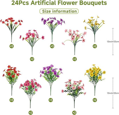 Alupssuc 24 Bundles Artificial Flowers for Outdoors Decoration, UV Resistant Silk Faux Daisy Flora Spring Fake Plastic Plants Greenery for Outside Indoor Yard Home Porch Window Box Decor, Mix 5 Colors