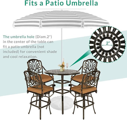 VIVIJASON 5-Piece Patio Swivel Bar Stools Set, All Weather Cast Aluminum Outdoor Bar Height Bistro Set with 4 Cushioned Bar Chairs & 35.4" High Bar Table w/Umbrella Hole for Backyard, Lawn, Garden
