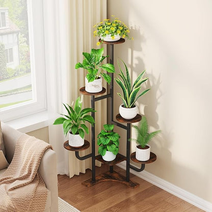 Corner Plant Stand with Grow Light - 6 Tier Plant Stand Indoor Round Metal Plant Shelf with Adjustable Light, Plant Organizer for Living Room, Graden, Home Decor (Brown)