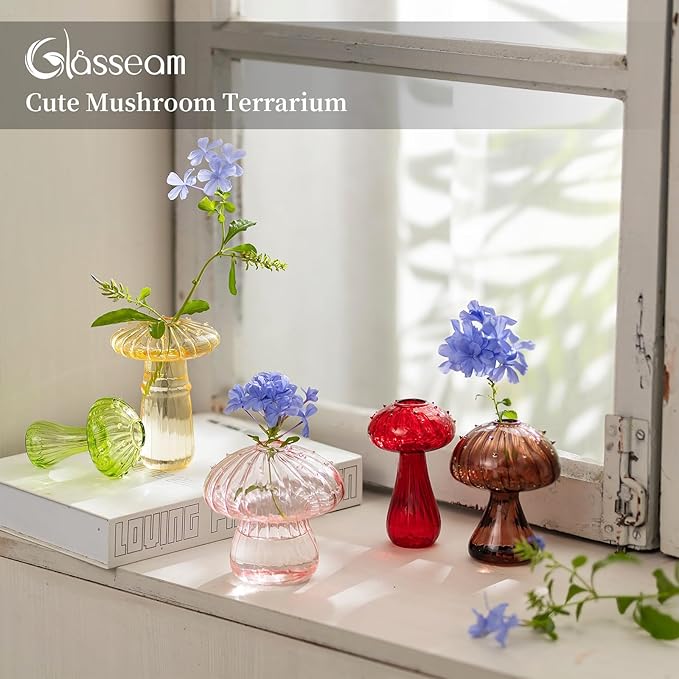 Planter Vase, Borosilicate Glass Mushroom Terrarium, Assorted Colors