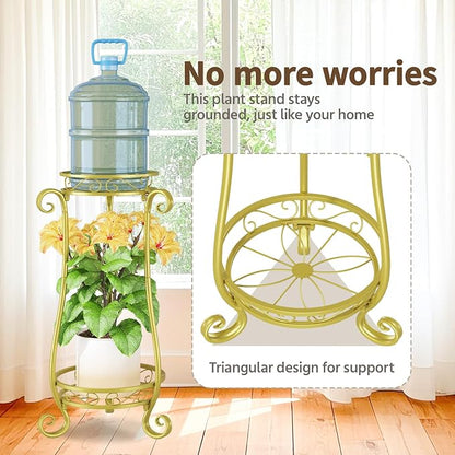 LASZOLA 2 Tier Gold Metal Plant Stand for Multiple Large Planters Indoor Outdoor Organizer, Heavy Duty Tall Flower Stand for Corner Patio Bathroom Office, Modern Sturdy Vertical Iron Rack, Cat Proof