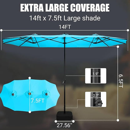 LEVELEVE 14FT Double-Sided Patio Umbrella with Base Included, Large Outdoor Rectangular Market Umbrella for Backyard, Poolside, Lawn & Garden,Blue