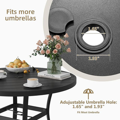 MELLCOM 42'' Round Outdoor Dining Table for 4, Metal Patio Dining Table with Umbrella Hole, All-Weather Black Table for Porch, Garden, Backyard, Poolside, Lawn