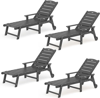 LUE BONA Outdoor Chaise Lounge Chairs Set of 4, HDPS Chaise Lounger, 5 Positions Adjustable Lounge Chairs, Pool Lounge Chair with Wheels for Poolside, Dark Gray