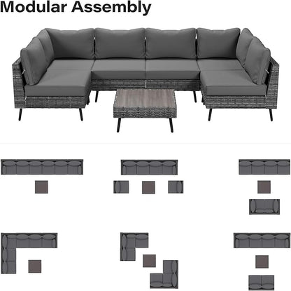 LAUSAINT HOME Outdoor Patio Furniture, 7 Piece Outdoor Sectional Sofa PE Rattan Wicker Patio Conversation Sets, All Weather Patio Furniture Set with Thick Cushions for Garden, Backyard (Grey)