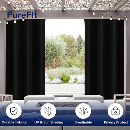 PureFit Outdoor Curtains for Patio Waterproof Weatherproof, UV and Fade Resistant Outside Curtains for Gazebo, Front Porch, Pergola, Sun Blocking Privacy Curtain, 52W x 84L inch, 1 Panel, Black