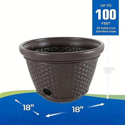Decorative Wicker Garden Hose Holder Pot - 100 Foot Hose Storage with 4 Drain Holes, Java Brown Resin Outdoor Container, 18 x 12 Inch
