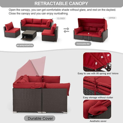 Vicluke 6 Pieces Patio Conversation Sets, Rectangle Wicker Daybed with Canopy, Adjustable Backrest, Storable Tea Table, Outdoor Sunbed for Backyard Garden Poolside(Wine Red)
