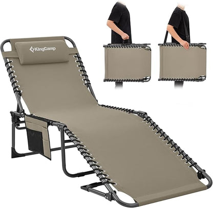 KingCamp Lounge Chair Outdoor, Folding Portable Tanning Chairs Comfy Adjustable 5-Position Lay Flat Foldable Chaise Chaser Lounger with Pillow for Outside Beach Patio Sun Bathing Pool, Beige