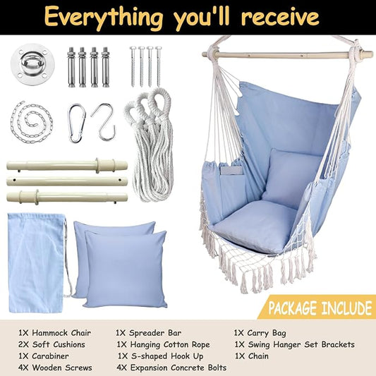 Hammock Chair, Blue Polycotton Rope Swing with Steel Spreader Bar