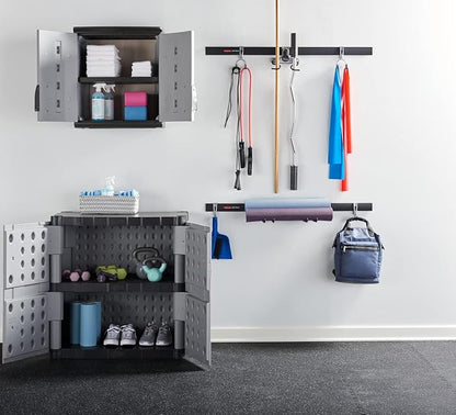 Rubbermaid Freestanding Storage Cabinet with Doors 18"D x 36"W x 37"H Medium Gray/Black Two-Shelf Lockable Cabinet for Indoor/Outdoor/Garage Storage for Garden Tools/Lawn Care Accessories