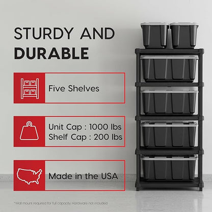 IRIS USA 5-Shelf Extra Heavy Duty Deep Plastic Storage Shelves, 1000lb Capacity, 75" H x 36" W x 24" D, Large Modular Shelving Unit Storage Organizer for Garage, Home, Warehouse & Gym, Rack - Black