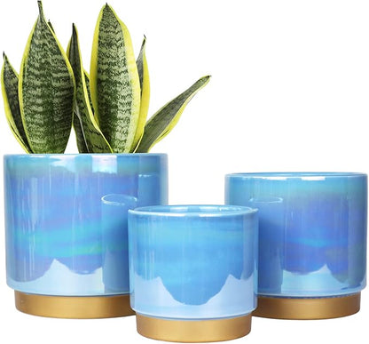 Gepege Ceramic Pots for Plants, Rainbow Pearl Glaze Planter with Drainage Hole, 6.0 inch+5.0 Inch+4.0 Inch. Indoor-Outdoor Large Round Succulent Orchid Flower Pot