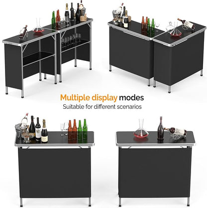 VINGLI Portable Bar Table, 2-Tier Shelves, Mobile Bar Table for Events, Party, Camping, Picnic, Tradeshow, Indoor with Black Skirt, 39 "L x 34" H