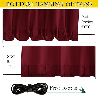 NICETOWN Canvas Outdoor Curtains for Paito 2 Panels, Red, W52 x L84 per Panel - Waterproof & Windproof Sun Shades with Grommet & Back Tab & Rod Pocket, Free Rope Included for Bottom Fixing