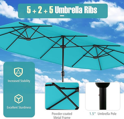Tangkula 9 Piece Rattan Outdoor Dining Set with 13Ft Umbrella for 6, Outdoor Wicker Table Set with 6 Cushioned Armchairs, Acacia Wood Top, Outdoor Umbrella & with Base Included