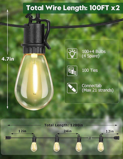 200FT Outdoor String Lights with 104 Shatterproof S14 Vintage Edison Bulbs E12 Sockets,2700K Dimmable Outdoor Lights,IP55 Waterproof LED String Lights for Outside, Patio, Garden, Backyard,Bistro