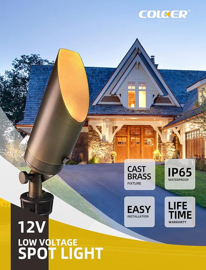 COLOER Brass Landscape Spotlights, 6 Pack Spotlight Fixture Outdoor with 5W Aluminum Housing MR16 LED Bulb 2700K 450LM,12V AC/DC Low Voltage Landscape Lighting,Uplight for Garden and Patio(103B)