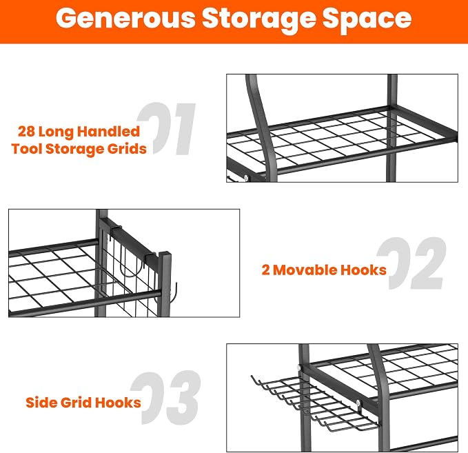 Storage Rack for Yard Tools, Black Alloy Steel with Lockable Wheels
