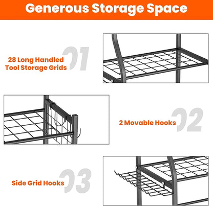 Storage Rack for Yard Tools, Black Alloy Steel with Lockable Wheels