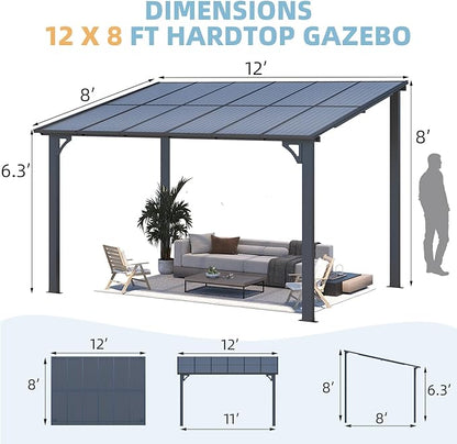 AECOJOY 12' x 8' Gazebo Outdoor Pergola for Patio, 8'x12' Hard Top Lean to Pergolas and Gazebos Clearance with Patio Roof Shelter, Large Wall-Mounted Heavy Duty Awnings for Decks, Backyard