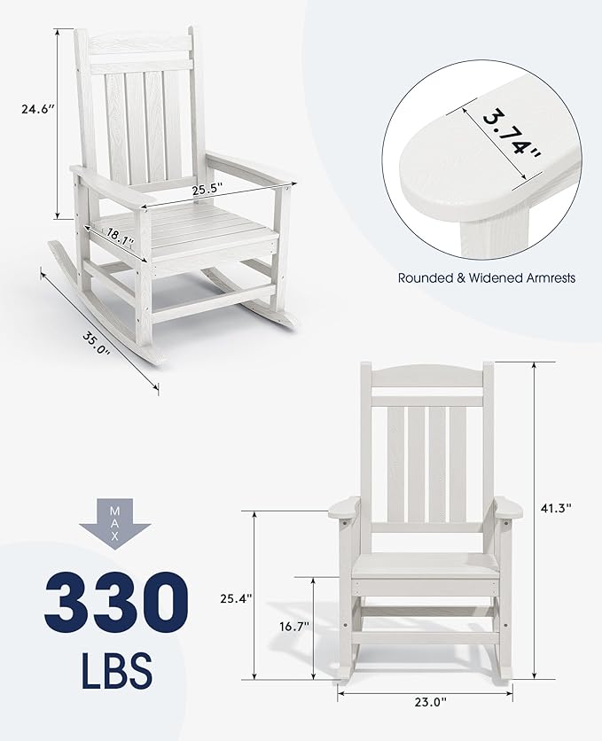 Oversized HDPE Outdoor Rocking Chair, Ivory White, 350 lb Capacity