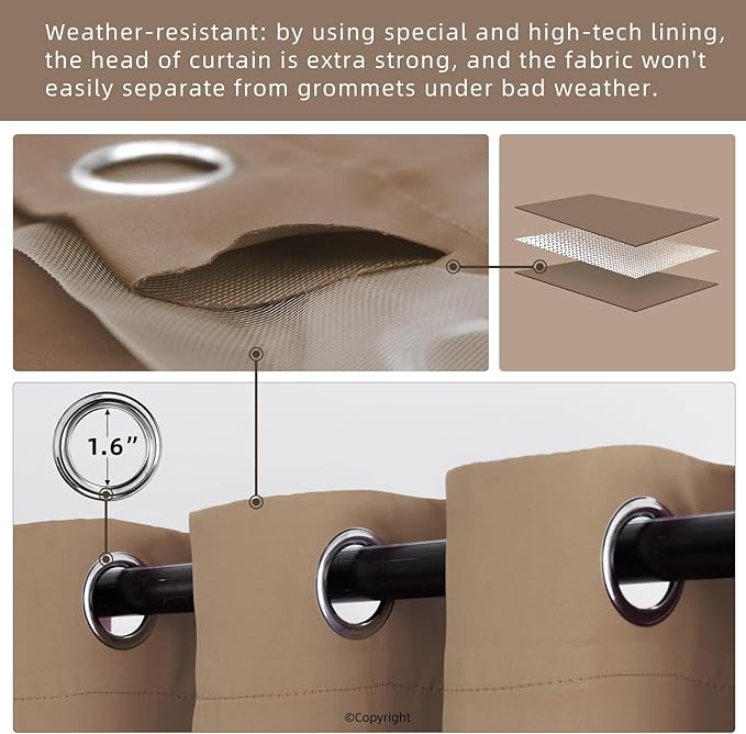 DIVA EN CAMINO DEC Outdoor Patio Curtain Waterproof Darkening Thermal Insulated Indoor Curtains for Bedroom, Porch, Living Room, Pergola, Cabana, W84 x L95, Camel Brown, Set of 2 Panels