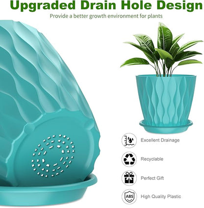 6 Pack 6 Inch Indoor Plant Pots with Drainage Holes, Outdoor Plastic Decorative Flower Pots, Garden Planters with Tray Saucers for Orchids, Violets, Succulents, Herbs, and Other Plants