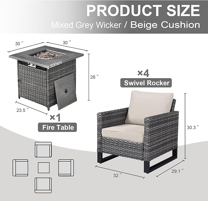 Belord 5 Pieces Wicker Patio Furniture Set: 4 Outdoor Club Chairs Patio Conversation Set with 50000BTU Propane Fire Pit Table, All Weather Brown Rattan Anti-Rust Frame, Beige Cushion