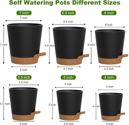 Self Watering Pots, 7/6.5/6/5.5/5/4 inch Flower Pots with Multi Mesh Drainage Holes, Small Platic Planters for Indoor Outdoor Garden Plants and Flowers (Black with Brown Tray, 7"+6.5"+6"+5.5"+5"+4")
