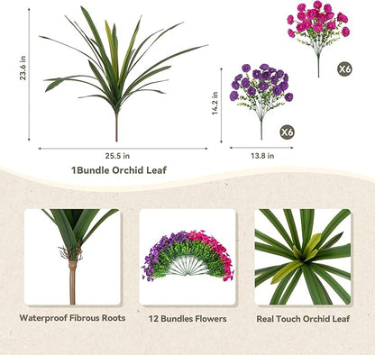 Artificial Flowers for Outdoors Fake Plants Outside, 12 Bundles Silk Morning Glory with Eucalyptus + Orchid Leaf UV Resistant Realistic Faux Flowers for Porch Planter Garden Patio (Purple Fuchsia)