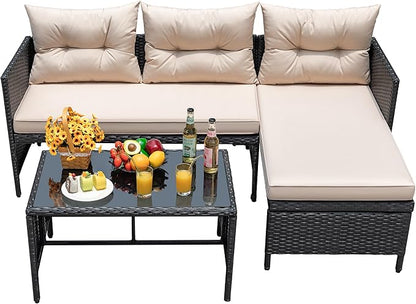Devoko Outdoor Patio Furniture 3-Piece Rattan Waterproof Outdoor Sectional Sofa All-Weather L Shaped Patio Couch with Cushion Glass Table for Balcony, Garden (Beige)