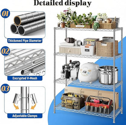 Xcity Storage Shelves, 4 Tier Heavy Duty Metal Shelving Unit with Wheels, 1600 LBS Capacity Adjustable Steel Wire Shelf Organizer for Pantry, Kitchen, Garage, 18" D x 36" W x 60" H, Chrome