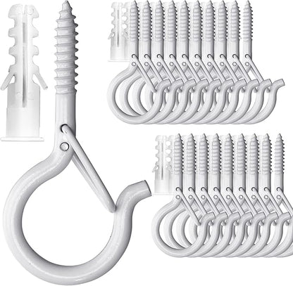 PlusRoc 20 Pack Ceiling Hooks for Hanging Plants Outdoor String Lights Heavy Duty, 2.2 Inch Eye Hook Screw in Cup Hooks Q-Hanger for Patio Lights, Wall Wood Fence Deck Mount(White)
