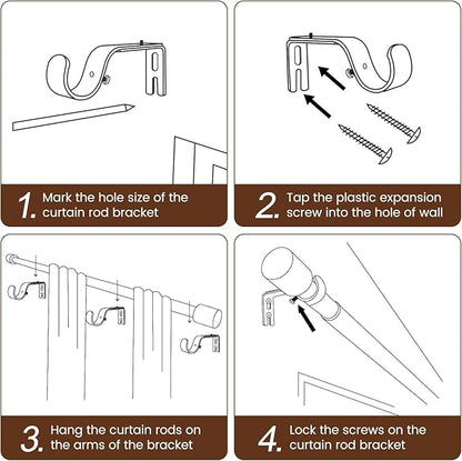 2 PACK 1” Diameter brown curtain rod Itself is 30 to 90 inch. 1 Pack Fits 30-84 inch Windows with Heavy Duty Adjustable brown curtain rods Splicing Metal Extra Long Curtain Rod