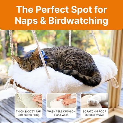 Large Cat Window Perch with Industrial-Grade Suction Cups - Solid Pine Wood Hammock Bed, Soft Cushion - 42 lb Capacity for Heavy Cats Inside