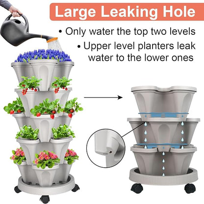 GameXcel Vertical Planter 5 Tier Stackable Planters Garden Planters Strawberry Herb Flower and Vegetable Planter Indoor Outdoor Gardening Pots with Removable Wheels and Tools