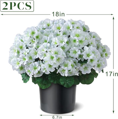 2 Pack Artificial Geranium Flowers Topitary Trees for Outdoors, UV Resistant Geraniums Potted Bushes Look Real Silk Faux Plants for Front Door Garden Porch Planter Farmhouse Home Decor (White)