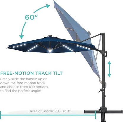 Best Choice Products 10ft Solar LED Cantilever Patio Umbrella, 360-Degree Rotation Hanging Offset Market Outdoor Sun Shade for Backyard, Deck, Poolside w/Lights, Easy Tilt, Cross Base