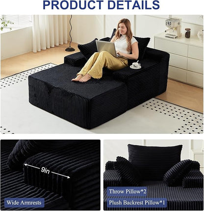 67 Inch Chaise Lounge Chair Indoor, Oversized Upholstered Boneless Sofa Bed, Corduroy Deep Seat Sleeper Couch Reading Chairs, Comfy Cloud Sofas Couches for Living Room, No Assembly Required (Black)