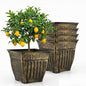 14 Inch Vintage Square Planter - 4 Pack Heavy Duty Antique Gold Plastic Flower Pot with Drainage & Raised Base, Retro Distressed Style Plant Container for Outdoor Patio, Porch, Indoor (7 Gallon)