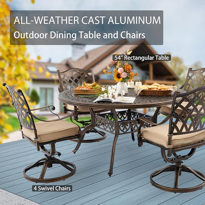 5-Piece Cast Aluminum Patio Furniture, Patio Dining Set for 4 Include 54" Round Outdoor Dining Table and 4 Swivel Chairs with Cushions & Umbrella Hole (Bronze)